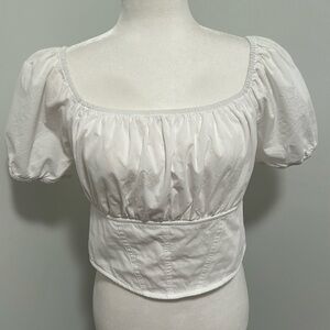 White faux corset peasant top